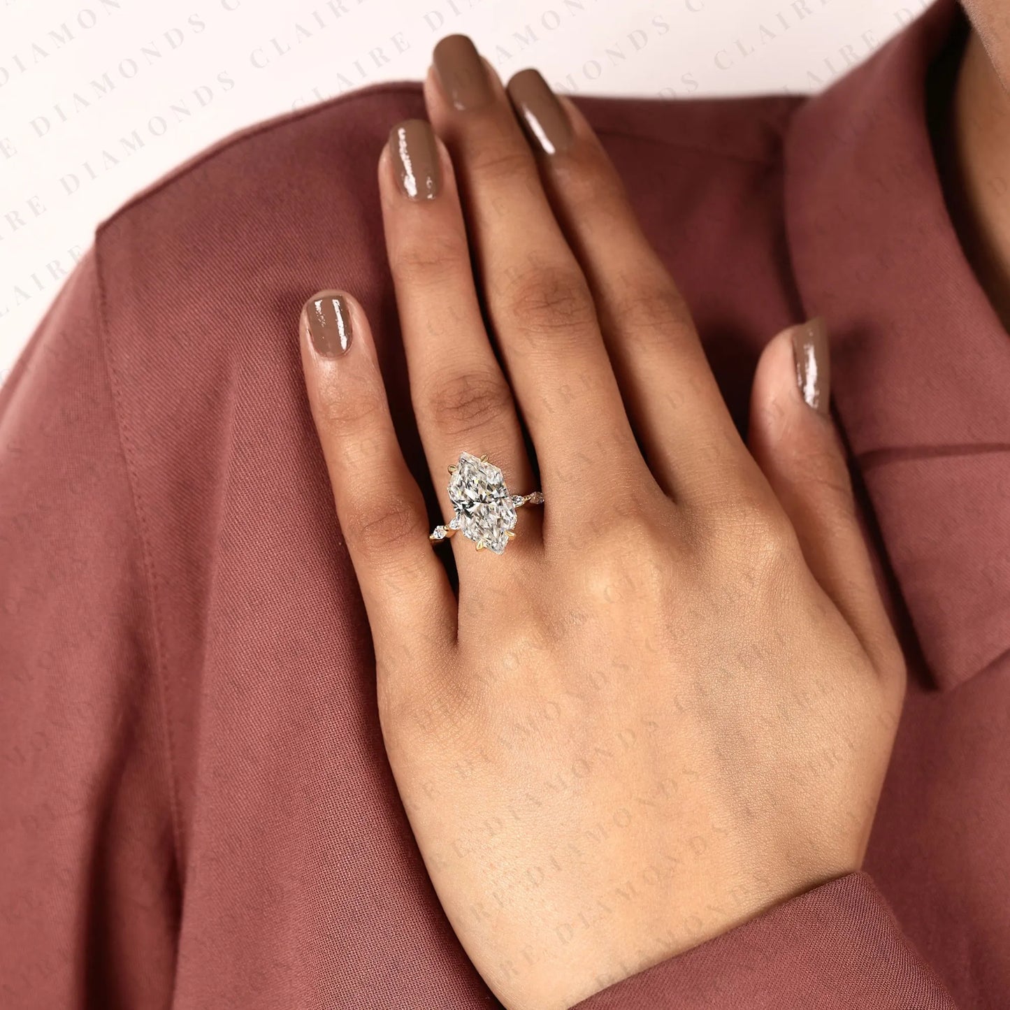 unique dutch marquise moissanite diamond hidden halo engagement ring | yellow gold botanical leaf four-prong setting