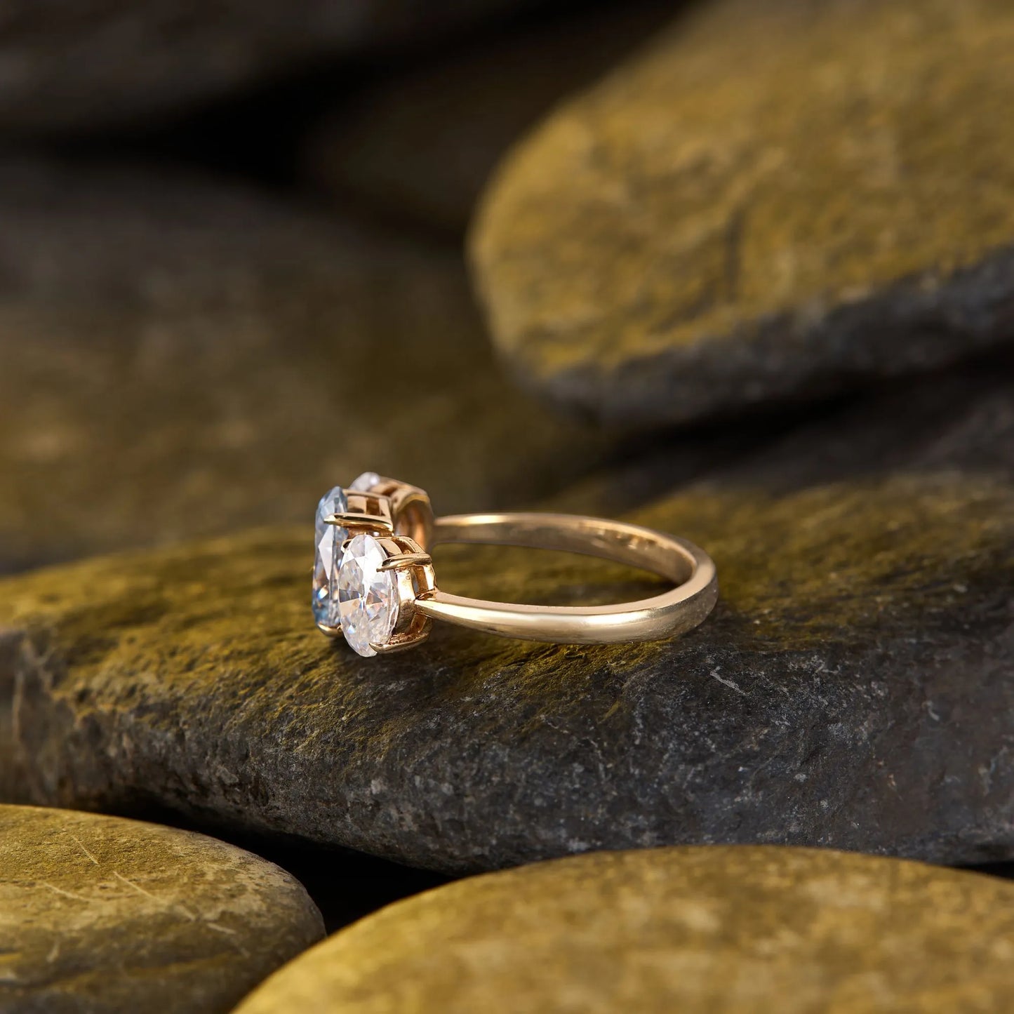 4.00 tcw elegant oval cut blue three stone moissanite diamond engagement ring in gold