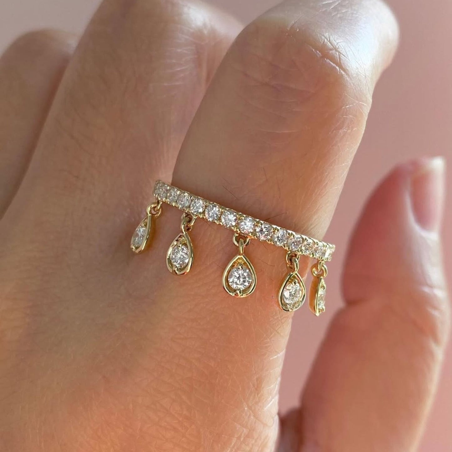 1.50 tcw elegant dangling pear cut lab grown diamond drop ring in gold minimalist pave band dangle ring for women