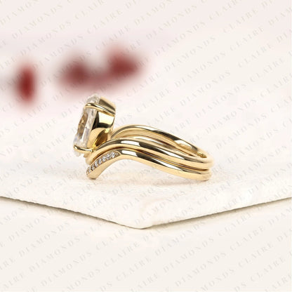 Curved Chevron Wedding Band Set with Elongated Oval Cut Lab Grown Diamond Ring | Vintage V-Shaped Bridal Set | Unique Anniversary Ring for Women
