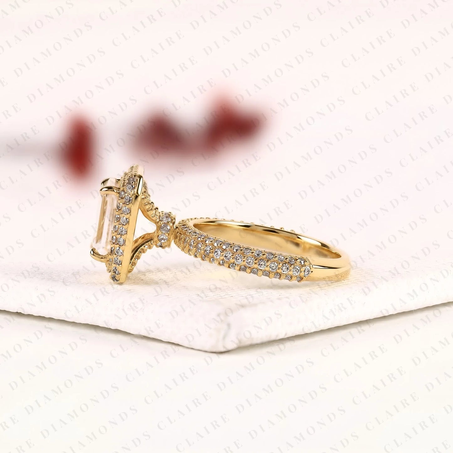 emerald cut moissanite diamond halo engagement ring, double pavé halo yellow gold bridal ring, luxury statement ring