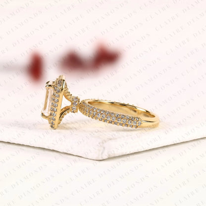 Emerald Cut Moissanite Diamond Halo Engagement Ring, Double Pavé Halo Yellow Gold Bridal Ring, Luxury Statement Ring