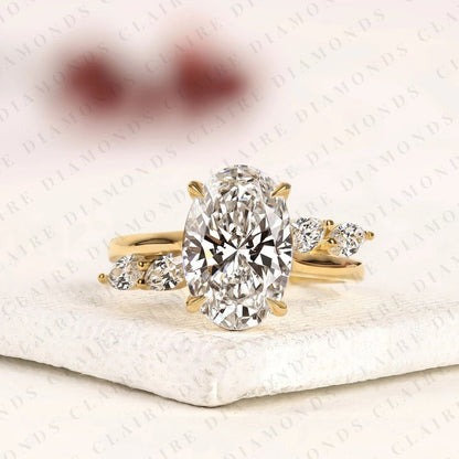 Nature Inspired Oval Cut Lab Grown Diamond Engagement Ring Side Stone Marquise Wedding Ring