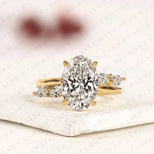 Nature Inspired Oval Cut Lab Grown Diamond Engagement Ring Side Stone Marquise Wedding Ring