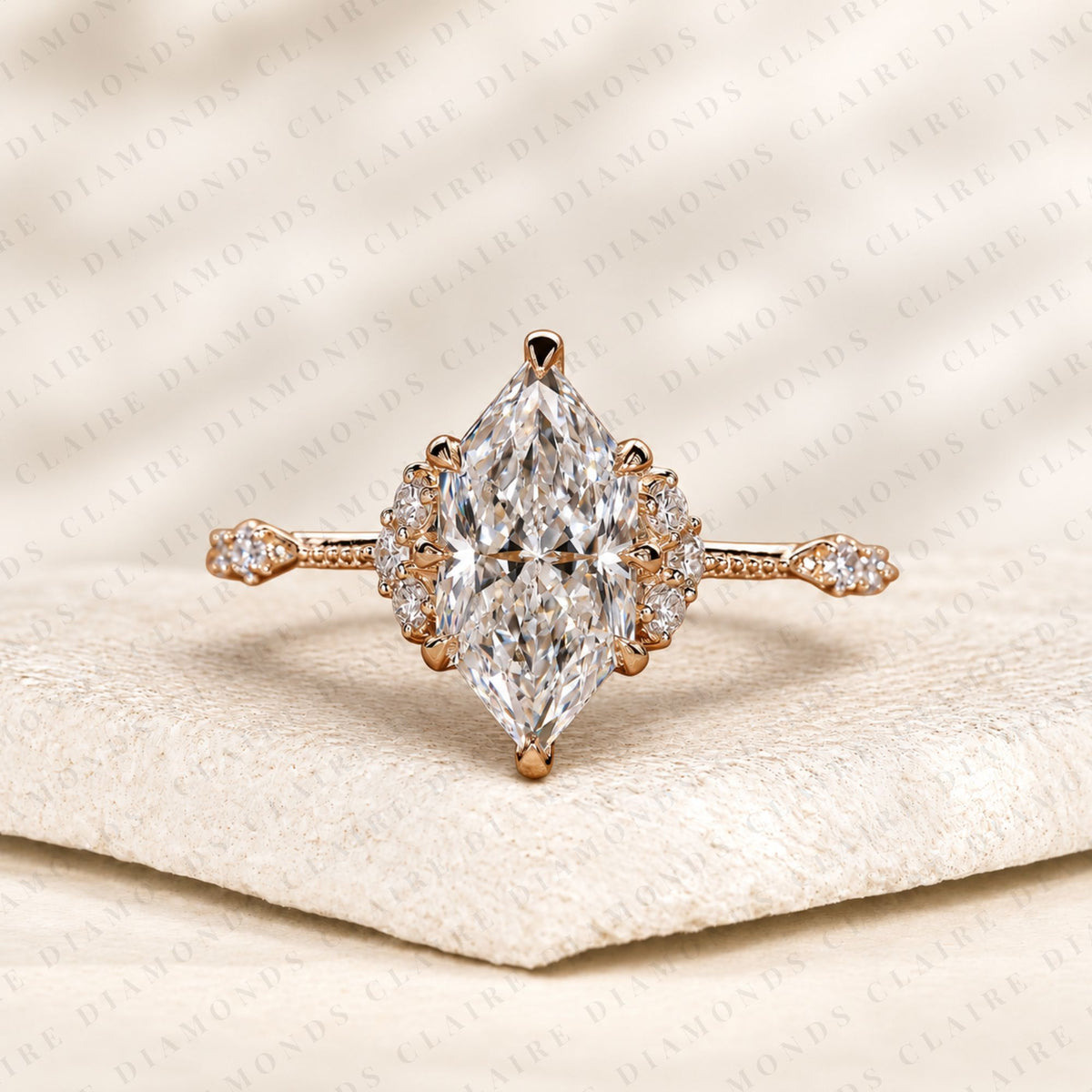 Dutch Marquise Cut Lab Grown Diamond Engagement Ring Rose Gold with Pavé Accents Vintage Inspired Luxury Wedding Ring for Women
