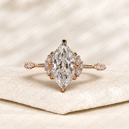 Dutch Marquise Cut Lab Grown Diamond Engagement Ring Rose Gold with Pavé Accents Vintage Inspired Luxury Wedding Ring for Women