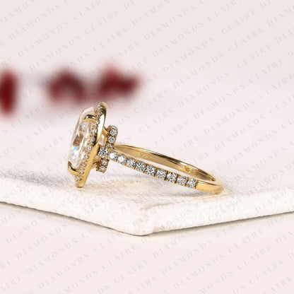 Oval Lab Grown Diamond Hidden Halo Ring, Pave Engagement Ring, Yellow Gold, Pave Band, Oval Wedding Ring
