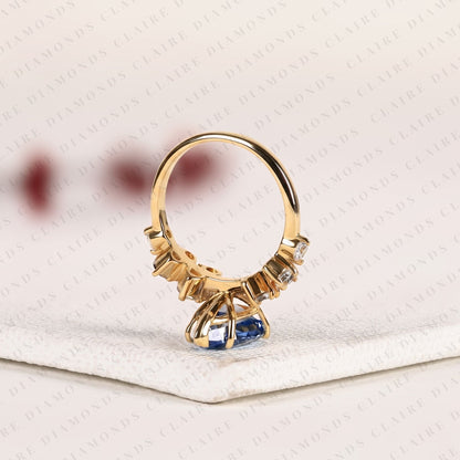 Pear Cut Blue Lab Grown Engagement Ring, Round Diamond Floral Side Stones, Yellow Gold Nature-Inspired Bridal Ring