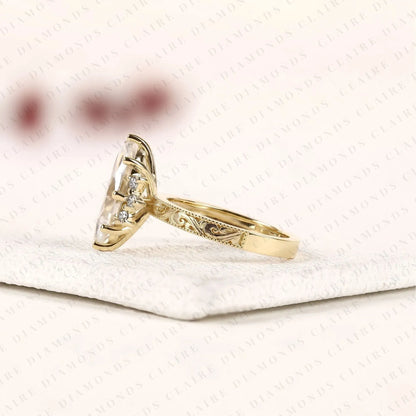 Vintage Marquise Cut Lab Grown Diamond Engagement Ring Engraved Gold Ring Floral Halo Wedding Ring Antique Inspired Bridal Ring