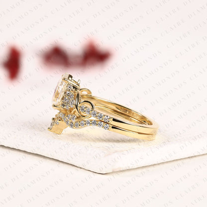 Pear Cut Moissanite Diamond Bridal Ring Set | Nature-Inspired Twisted Leaf Yellow Gold Engagement Ring