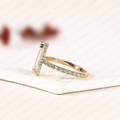 Portrait Cut Lab Grown Diamond Hidden Halo Engagement Ring | Yellow Gold Pave Band Four-Prong Basket Setting