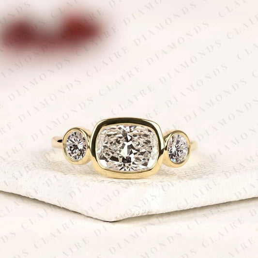 Elongated Cushion Cut Bezel Set Three Stone Moissanite Diamond Engagement Ring Modern Gold Ring Minimalist Bridal Jewelry.