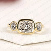 Elongated Cushion Cut Bezel Set Three Stone Moissanite Diamond Engagement Ring Modern Gold Ring Minimalist Bridal Jewelry.