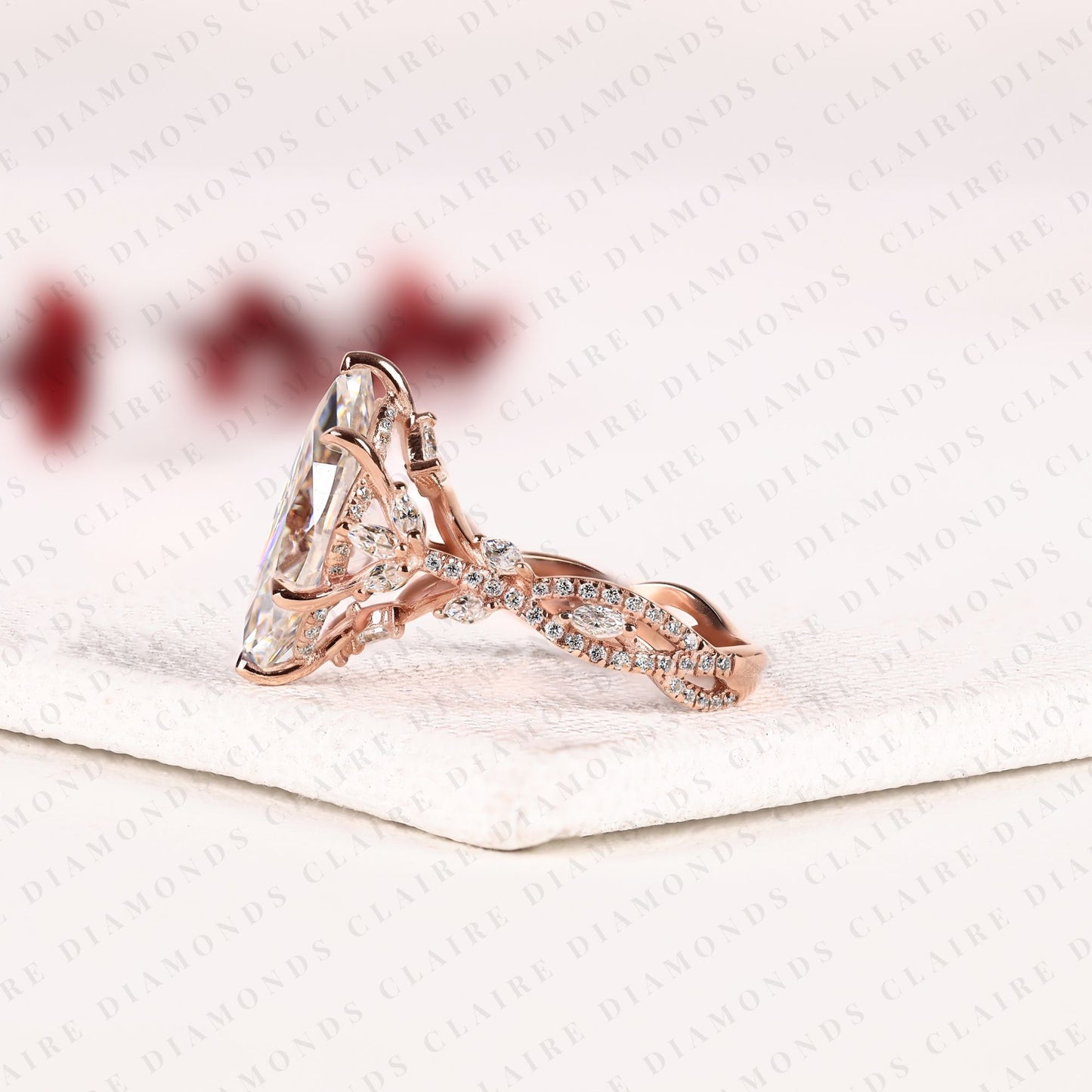marquise cut moissanite diamond engagement ring with twisted vine pave band in rose gold, hidden halo ring, vintage style ring