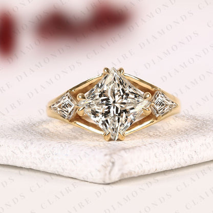 Princess Cut Moissanite Diamond Three Stone Engagement Ring with Kite Side Stones in Gold