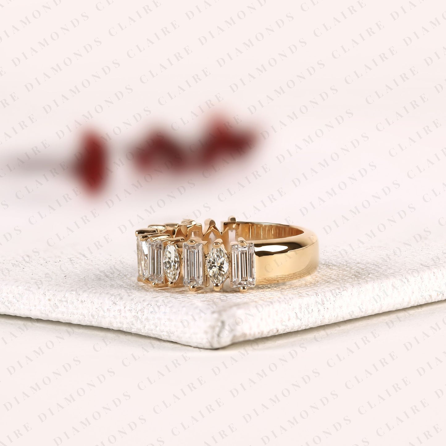 2.10 tcw baguette & marquise lab grown diamond half eternity band ring, alternating wedding anniversary band