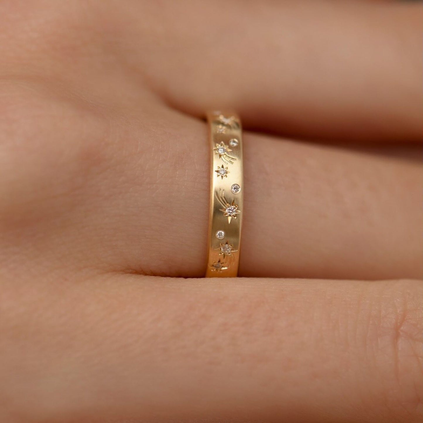 0.48 tcw minimalist celestial starburst moissanite diamond band in gold dainty cosmic inspired ring