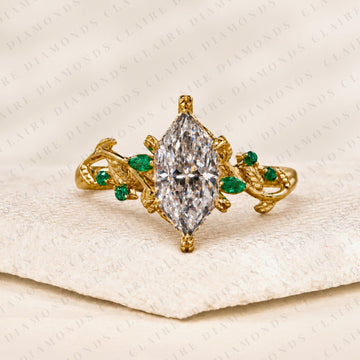 Dutch Marquise Cut Lab Grown Diamond Engagement Nature Inspired Ring Green Marquise Side Stones Vintage Bridal Jewelry