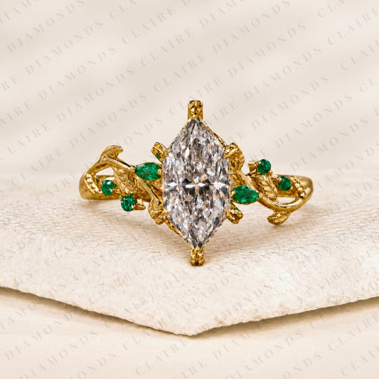 Dutch Marquise Cut Lab Grown Diamond Engagement Nature Inspired Ring Green Marquise Side Stones Vintage Bridal Jewelry