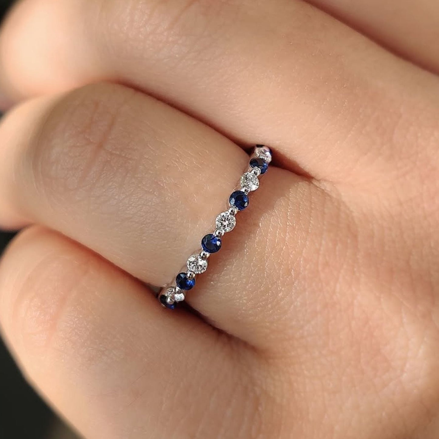 1.76 tcw alternating blue sapphire & diamond lab grown eternity band elegant gemstone stackable ring