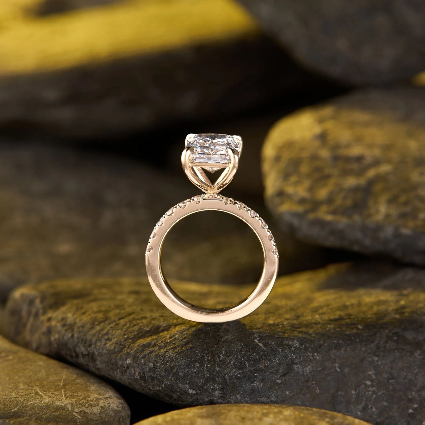 radiant cut solitaire lab grown diamond engagement ring with pavé diamond band