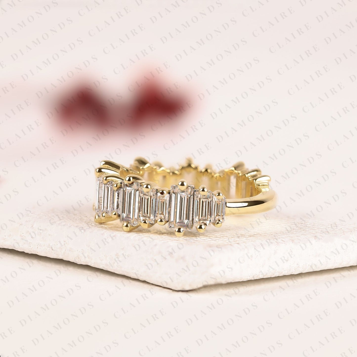 2.00 tcw baguette cut moissanite half eternity band in solid gold | modern alternating baguette stone ring, stackable anniversary band for women