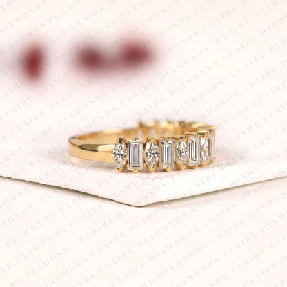 1.76 TCW Alternating Marquise & Baguette Cut Lab Grown Diamond Eternity Band, Yellow Gold Full Eternity Wedding Ring, Modern Geometric Anniversary Band