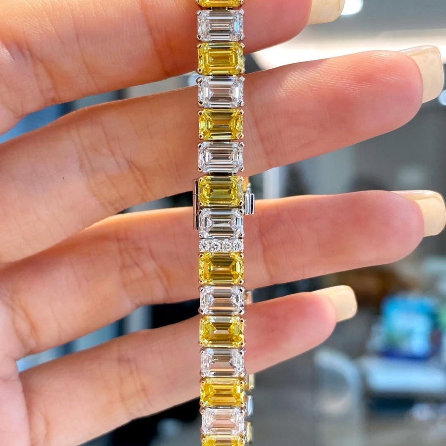 7.00 tcw yellow & white emerald cut lab grown diamond tennis bracelet in gold pastel sapphire style statement bracelet (copy)