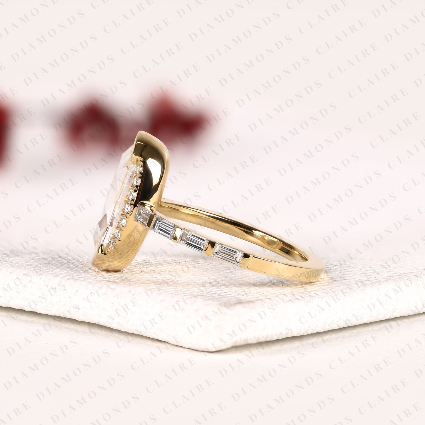 cushion rose cut lab grown diamond bezel ring with baguette side stones | hidden halo engagement ring
