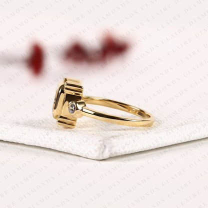 Emerald Cut Three Stone Bezel Set Lab Grown Diamond Engagement Ring | Yellow Gold Bezel Ring with Round Side Diamonds | Sculpted Luxury Bridal Ring