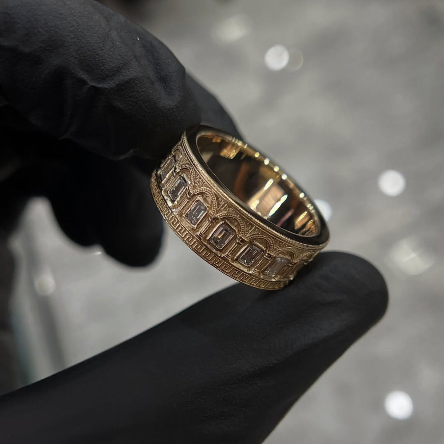 1.12 tcw vintage inspired emerald cut lab grown diamond band ring in gold textured designer wedding ring