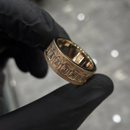 1.12 TCW Vintage Inspired Emerald Cut Lab Grown Diamond Band Ring in Gold Textured Designer Wedding Ring