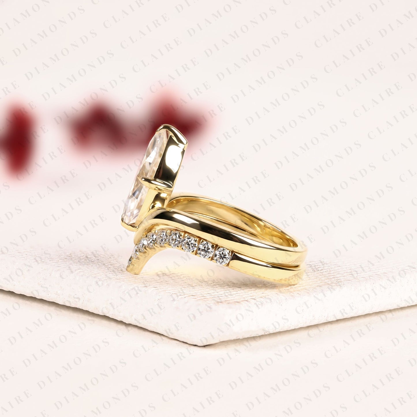 marquise cut lab grown diamond chevron bridal ring set in gold, curved band, yellow gold ring, engagement ring for women