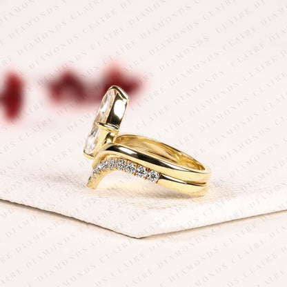 Marquise Cut Lab Grown Diamond Chevron Bridal Ring Set in Gold, Curved Band, Yellow Gold Ring, Engagement Ring for Women