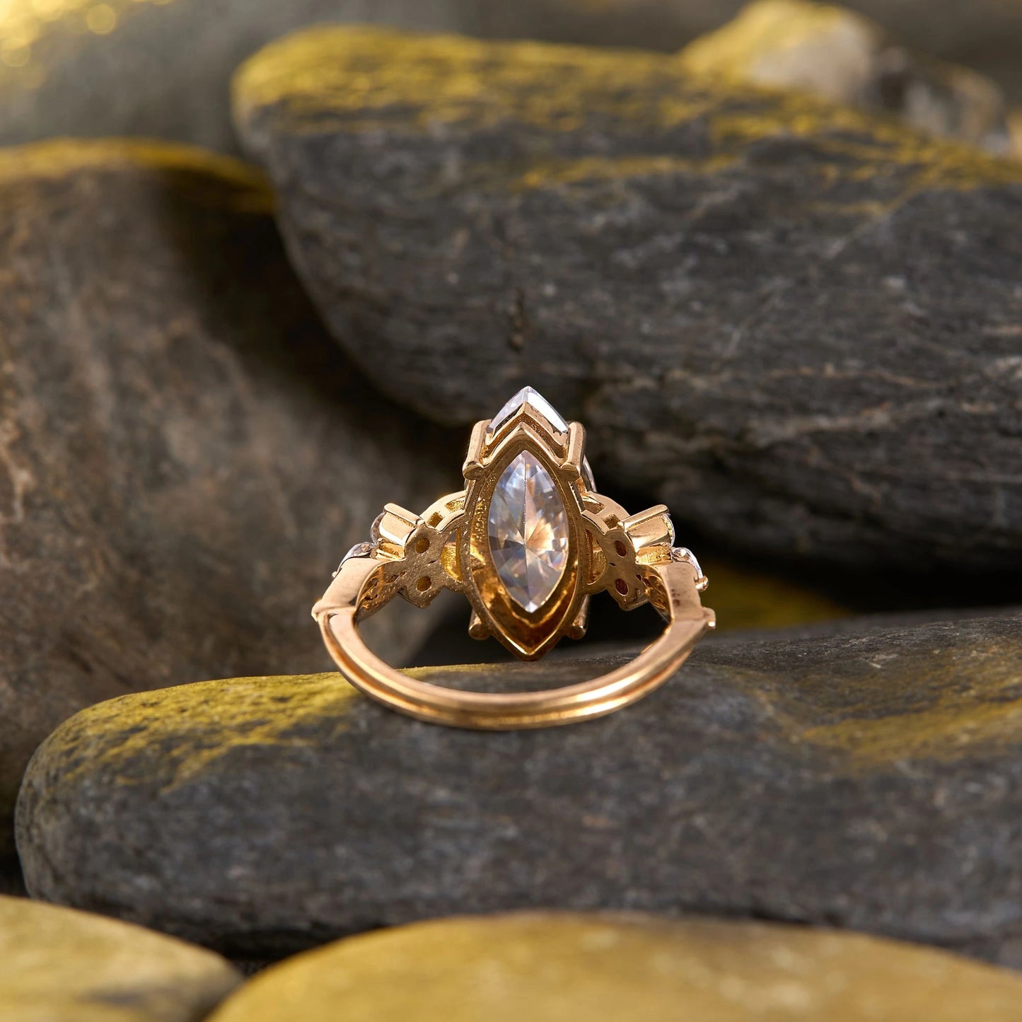 vintage lab grown marquise cut diamond ring with elegant floral inspired detailing and timeless sparkling statement design