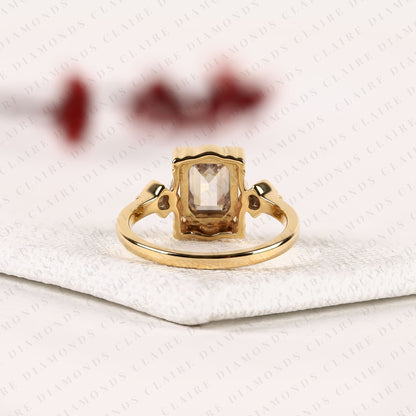 Emerald Cut Three Stone Bezel Set Lab Grown Diamond Engagement Ring | Yellow Gold Bezel Ring with Round Side Diamonds | Sculpted Luxury Bridal Ring