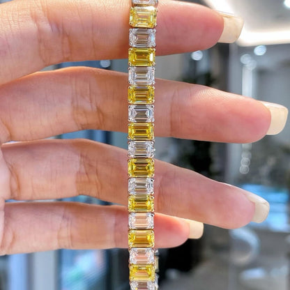 7.00 TCW Yellow & White Emerald Cut Lab Grown Diamond Tennis Bracelet in Gold Pastel Sapphire Style Statement Bracelet (Copy)
