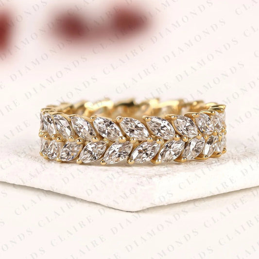 Marquise Cut Lab Grown Diamond Eternity Band Double Row Marquise Diamond Wedding Ring Luxury Stackable Band