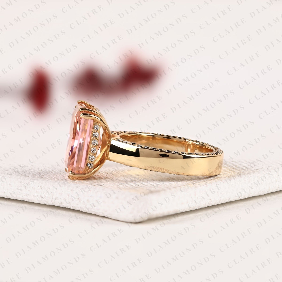 radiant cut pink moissanite diamond engagement ring, yellow gold pave band, unique wedding ring for women