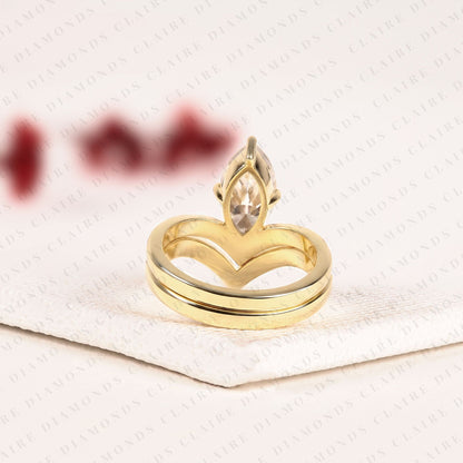 Marquise Cut Lab Grown Diamond Chevron Bridal Ring Set in Gold, Curved Band, Yellow Gold Ring, Engagement Ring for Women