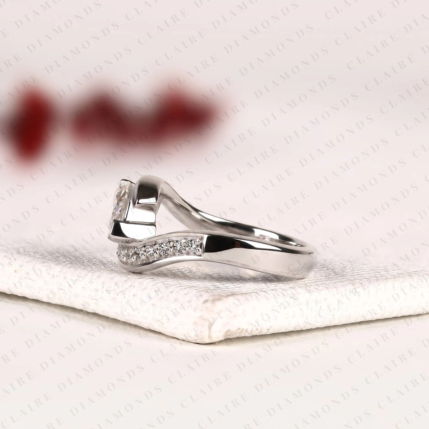 marquise cut lab grown diamond east west bypass engagement ring in gold with round side stones , modern bridal jewelry.