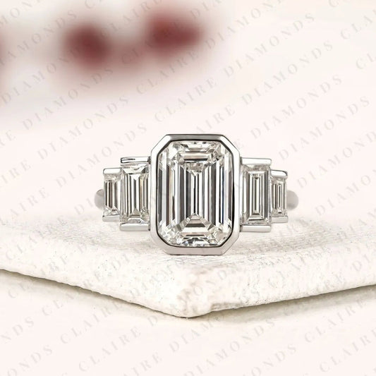 Emerald Cut Three Stone Moissanite Diamond Engagement Ring Bezel Set Emerald Diamond Ring with Tapered Baguette Side Stones Luxury Bridal Ring