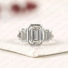 Emerald Cut Three Stone Lab Grown Diamond Engagement Ring Bezel Set Emerald Diamond Ring with Tapered Baguette Side Stones Luxury Bridal Ring