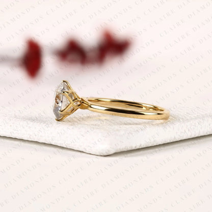 Portuguese Round Cut Lab Grown Diamond Engagement Ring, Solitaire Gold Ring, Unique Bridal Wedding Ring for Women