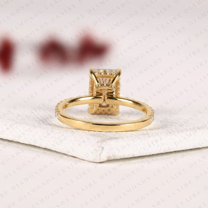 Radiant Cut Moissanite Diamond Engagement Ring with Pave Band in Gold Hidden Halo Ring