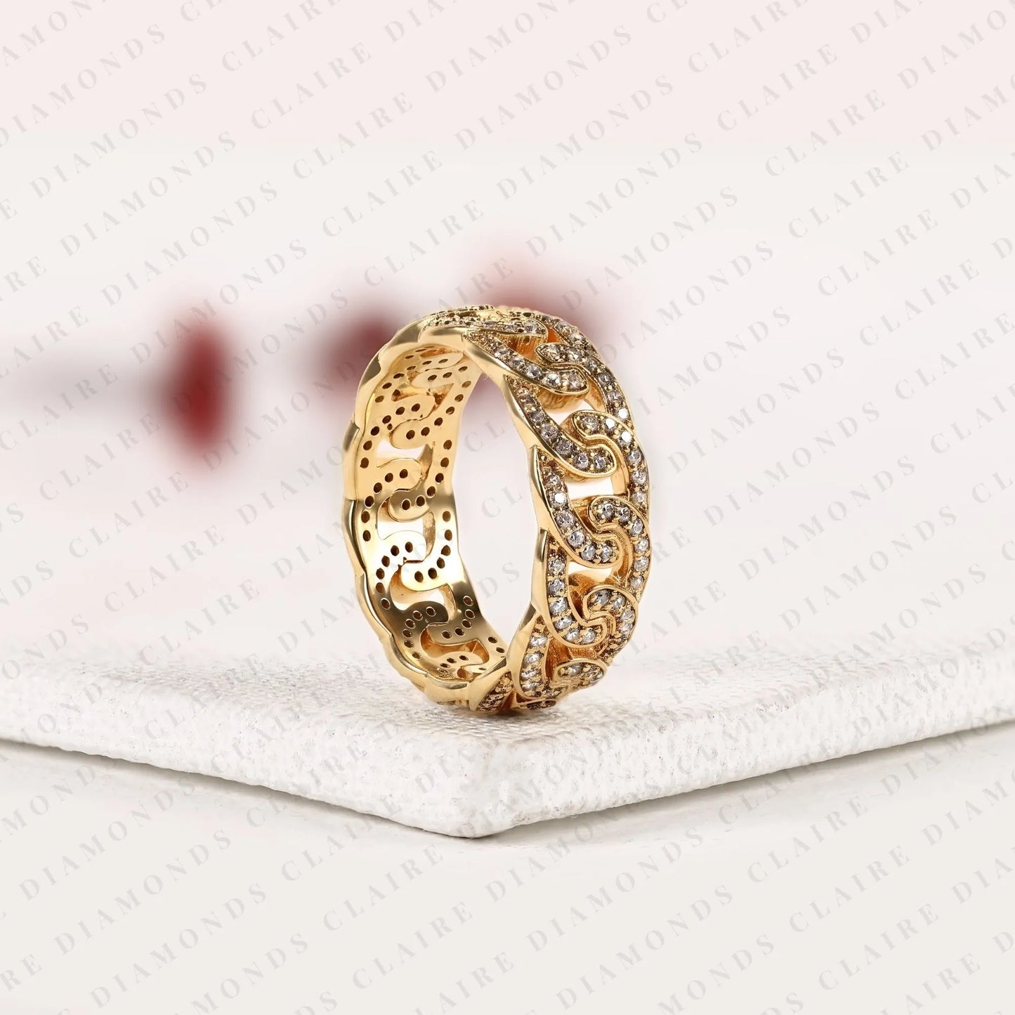 0.67 tcw round lab grown diamond band gold scroll design wedding band intricate diamond anniversary band