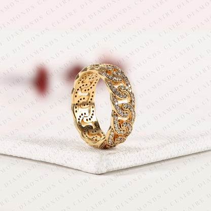 0.67 TCW Round Lab Grown Diamond Band Gold Scroll Design Wedding Band Intricate Diamond Anniversary Band