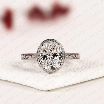 Oval Cut Lab Grown Diamond Engagement Ring Vintage Milgrain Bezel Setting White Gold Engraved Band Elegant Solitaire Bridal Jewelry
