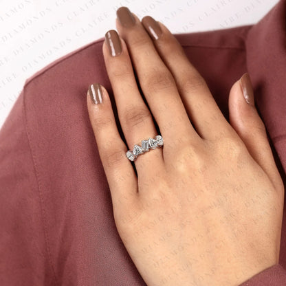 1.60 TCW Mixed Cut Band Emerald & Pear & Oval & Heart Lab Grown Diamond Half Eternity Wedding Band Unique Stackable Band