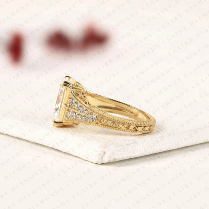 Radiant Cut Lab Grown Diamond Engagement Ring Vintage Milgrain Split Shank Pave Diamond Ring Unique Bridal Ring for Women
